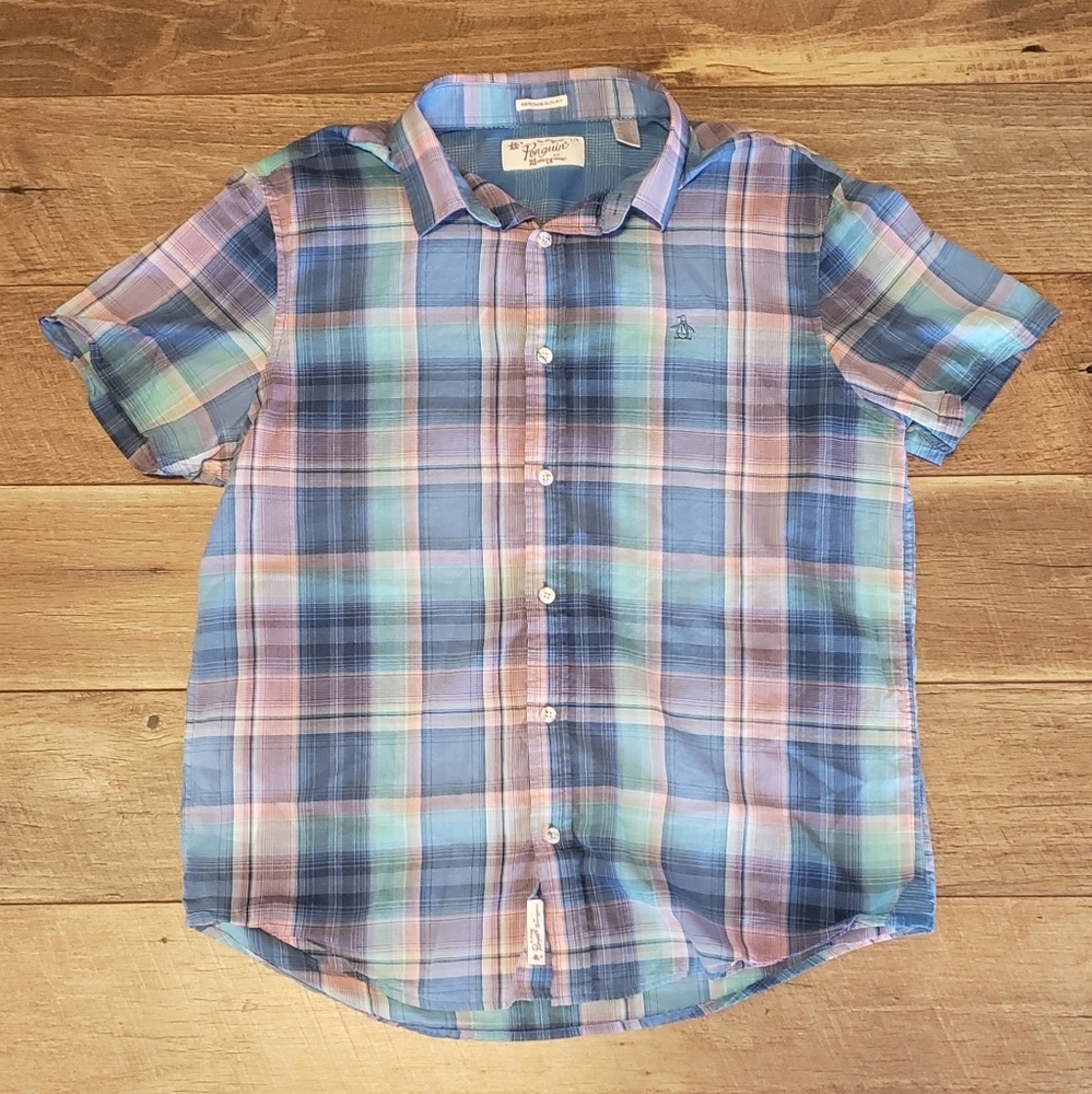Collared short sleeved button up plaid shirt